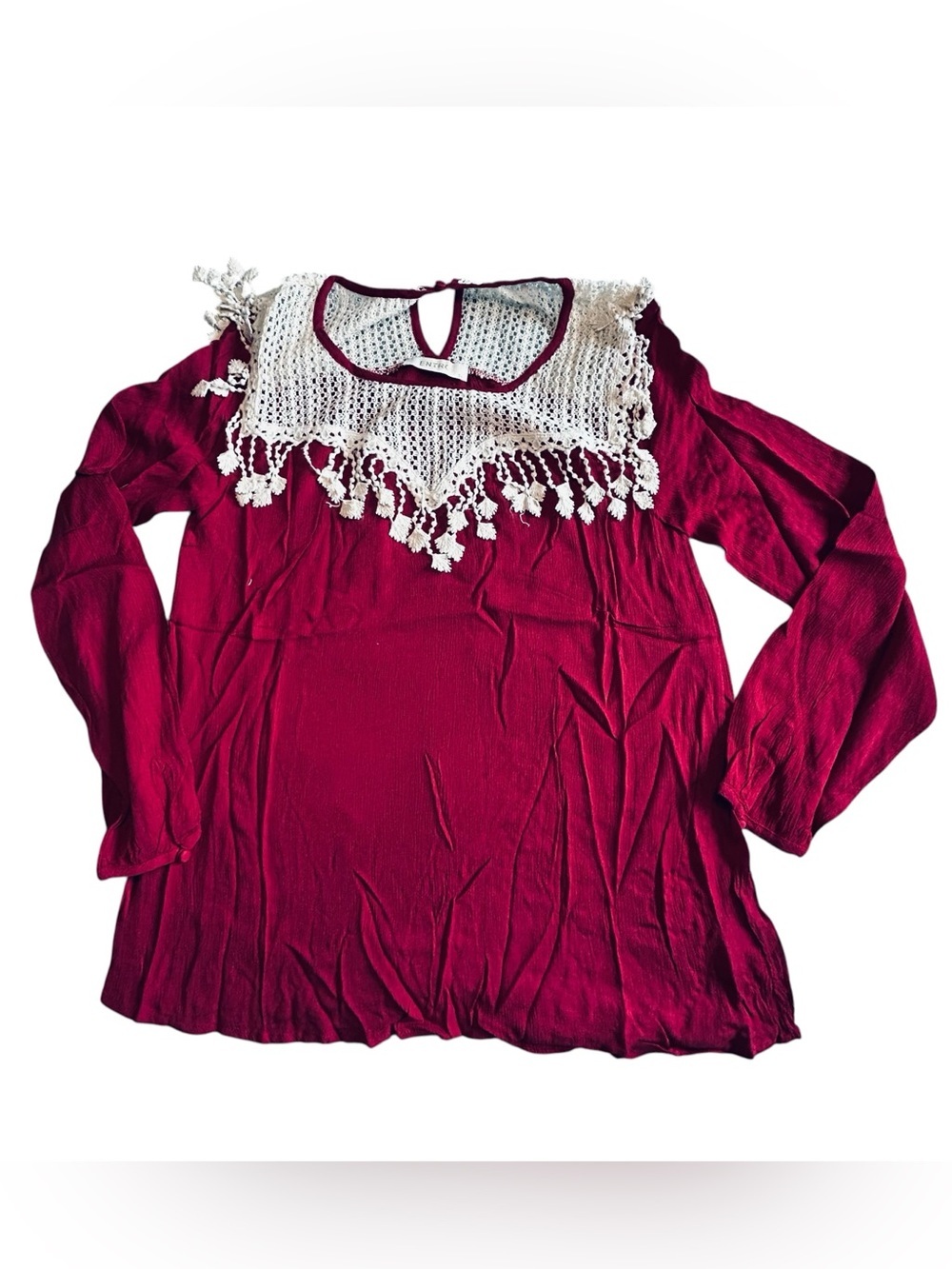 entro Crimson Long-Sleeve Tunic with White Crochet Yoke